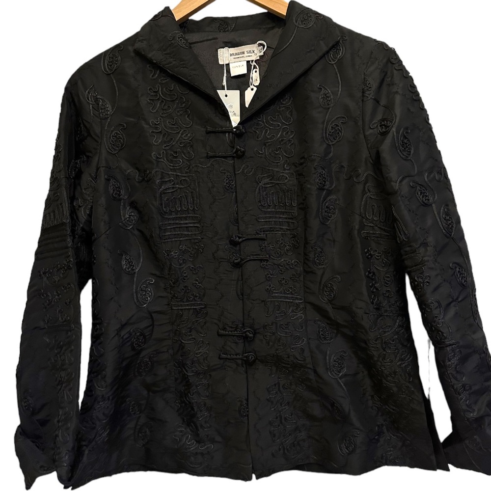 DRAGON SILK collared Jacket With Embroidered Design in Black